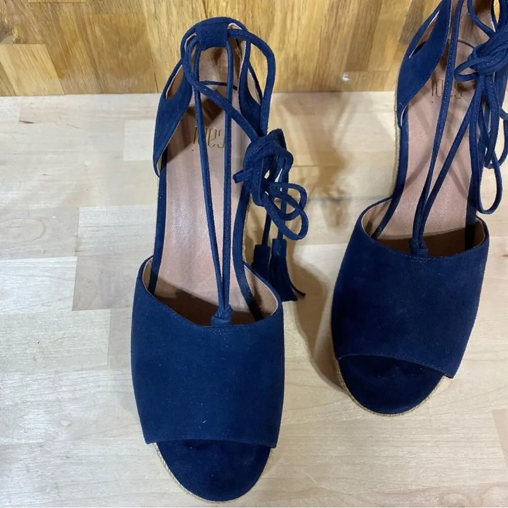 Cabi Isla Espadrille Wedge Sandals Ankle Wrap Navy Suede 6